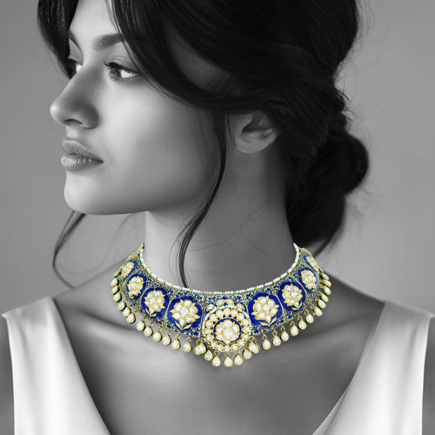 Polki Choker with Blue Enamel, Floral Motifs, and Pearls